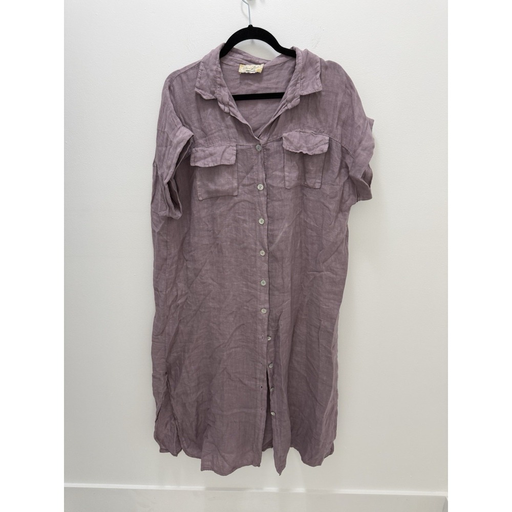 Puro Lino 100% Linen Shirt Dress Mauve Purple Button Front Pockets One Size Flaw
